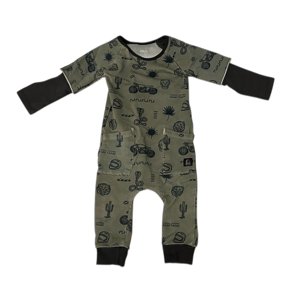 6-12m Rags Romper Long Sleeve Olive Green Desert Biker Arizona Cactus Southwest
